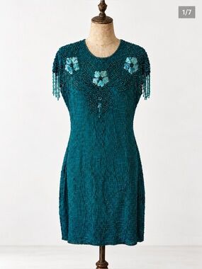 Vintage 1960s Lori Ann Montreal, Teal Beaded Silk Mini Bodycon Dress